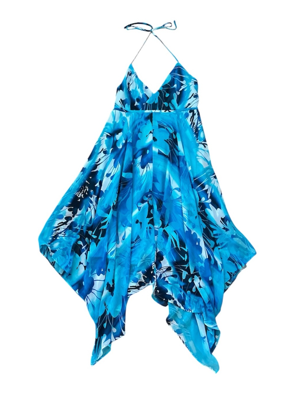 Jennifer Lopez Blue Floral Handkerchief Hem Dress